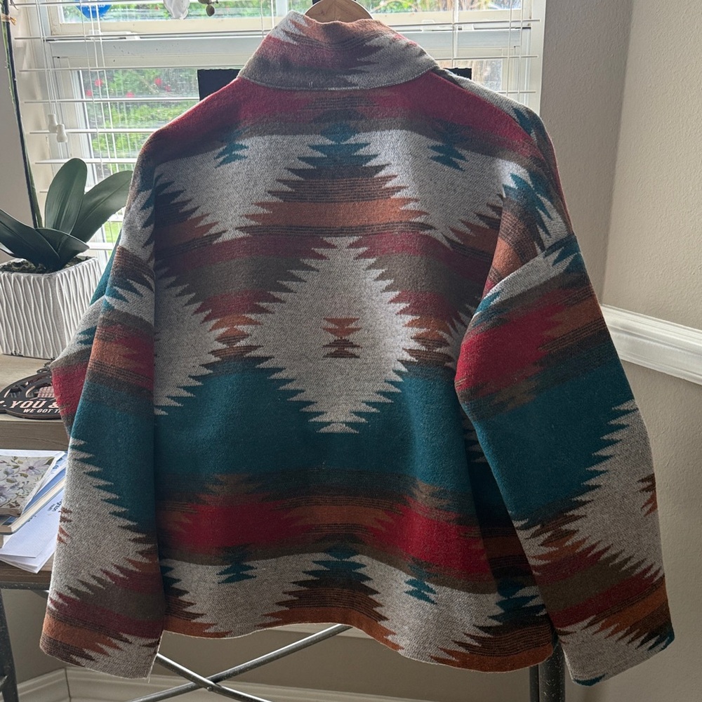 Wool Blend Geometric Pattern Jacket - Teal & Red - Picture 4 of 6
